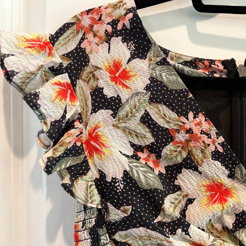 Rebecca Taylor Kamea Smocked Floral Flutter-Sleeve V-Neck Stretch Silk Dress - Picture 6 of 7